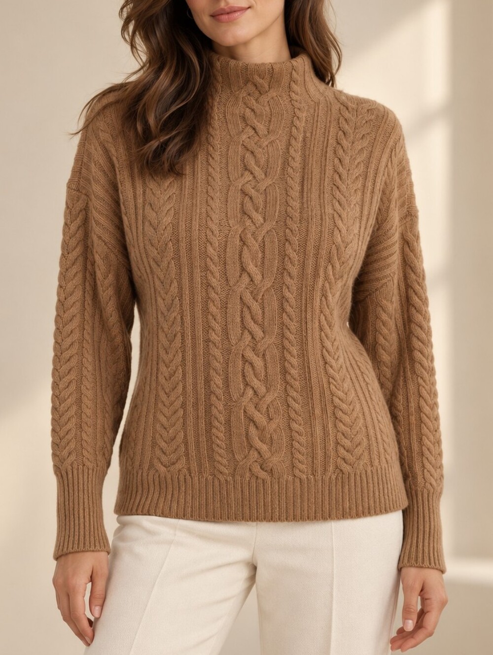 NWT Lauren Ralph Lauren XS Camel Cable Knit Wool Cashmere Mock Neck Sweater